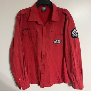 Men's Enyce Long Sleeve Button Down Shirt‎ Black Studs Patches Size XL Red